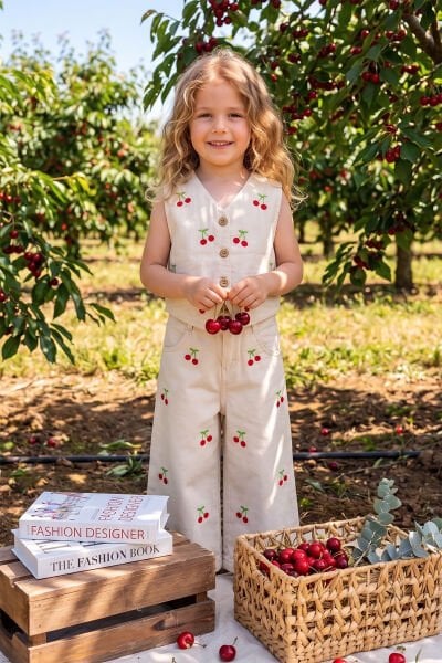 Kiraz İşlemeli Yelekli 2'li Kız Çocuk Keten Takım Set  Ekru