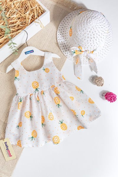 Ananas Baskılı Şapkalı Kız Bebek Yazlık Elbise SARI - 24 Ay