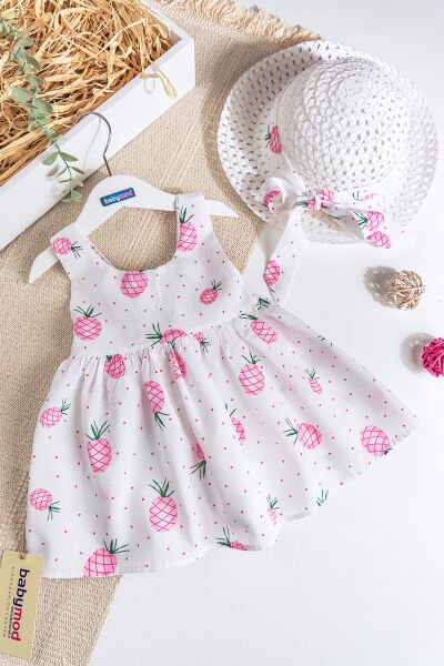 Ananas Baskılı Şapkalı Kız Bebek Yazlık Elbise PEMBE - 9 Ay