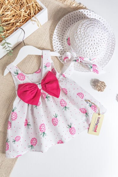 Ananas Baskılı Şapkalı Kız Bebek Yazlık Elbise PEMBE - 9 Ay