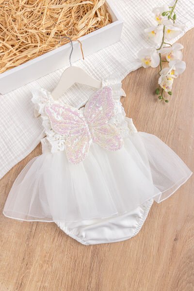 Güpürlü Askılı %100 Pamuk Kız Bebek Elbise Tulum KREM - 3 Ay