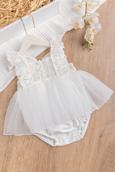 Güpürlü Askılı %100 Pamuk Kız Bebek Elbise Tulum KREM - 3 Ay