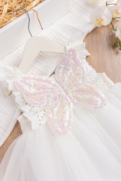 Güpürlü Askılı %100 Pamuk Kız Bebek Elbise Tulum KREM - 3 Ay