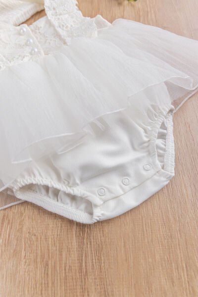 Güpürlü Askılı %100 Pamuk Kız Bebek Elbise Tulum KREM - 3 Ay