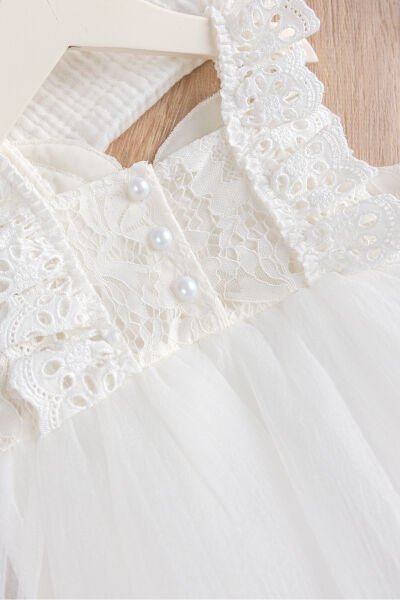 Güpürlü Askılı %100 Pamuk Kız Bebek Elbise Tulum KREM - 3 Ay