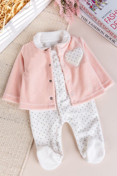 Hırkalı Bebe Yaka 2'li Kadife Kışlık Kız Bebek Tulum Set SOMON -  0-3 AY