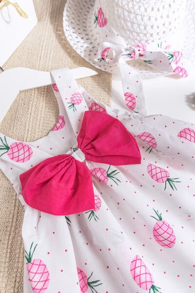 Ananas Baskılı Şapkalı Kız Bebek Yazlık Elbise PEMBE -  12 Ay