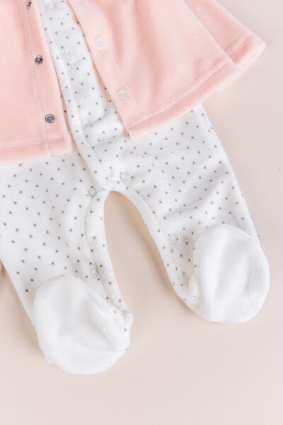 Hırkalı Bebe Yaka 2'li Kadife Kışlık Kız Bebek Tulum Set SOMON - 3-6 AY