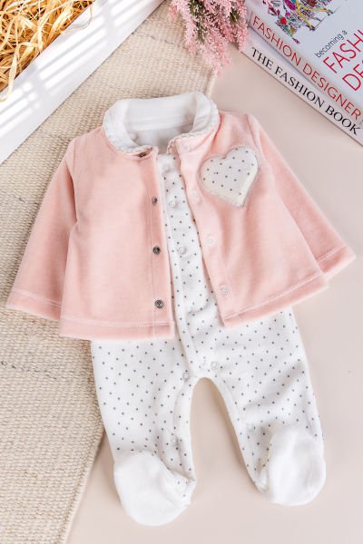 Hırkalı Bebe Yaka 2'li Kadife Kışlık Kız Bebek Tulum Set SOMON -  6-9 AY