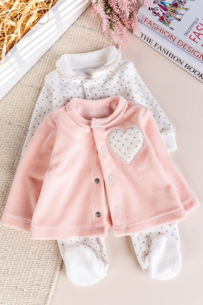 Hırkalı Bebe Yaka 2'li Kadife Kışlık Kız Bebek Tulum Set SOMON -  6-9 AY