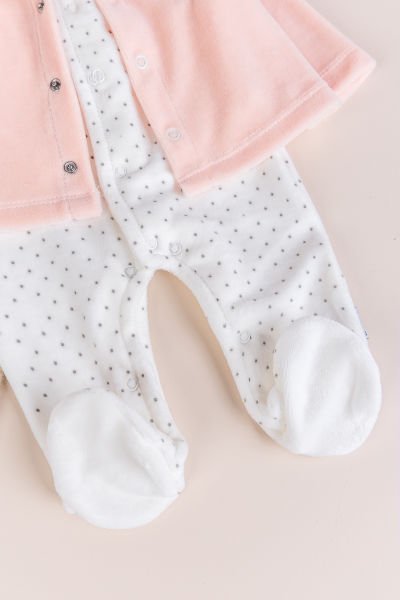 Hırkalı Bebe Yaka 2'li Kadife Kışlık Kız Bebek Tulum Set SOMON -  6-9 AY