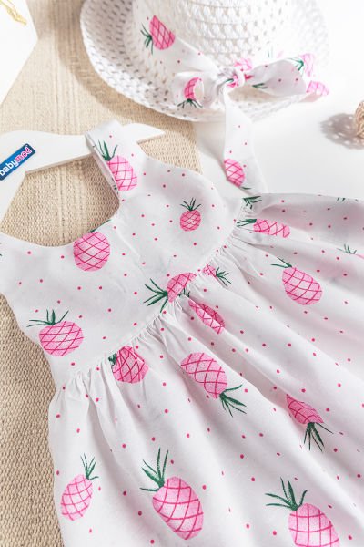Ananas Baskılı Şapkalı Kız Bebek Yazlık Elbise PEMBE - 24 Ay