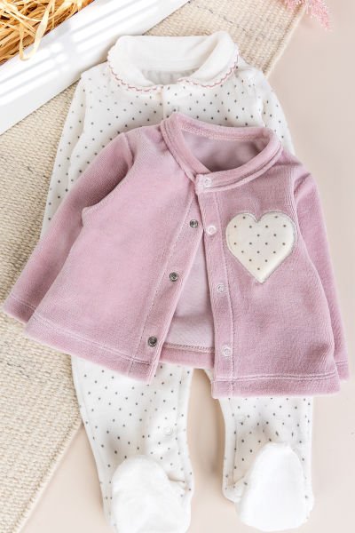 Hırkalı Bebe Yaka 2'li Kadife Kışlık Kız Bebek Tulum Set Gül kurusu -  0-3 AY