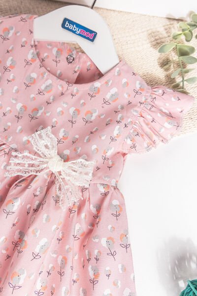 Çiçekli Güpür Fiyonklu Kız Bebek/Çocuk Elbise