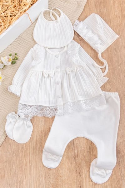 Güpürlü Fiyonklu %100 Pamuklu Kız Bebek Hastane çıkışı Bebek Takım Krem