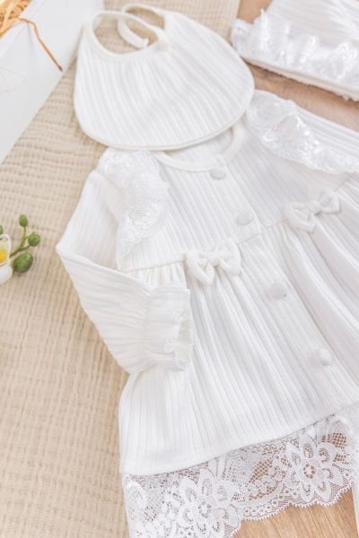 Güpürlü Fiyonklu %100 Pamuklu Kız Bebek Hastane çıkışı Bebek Takım Krem