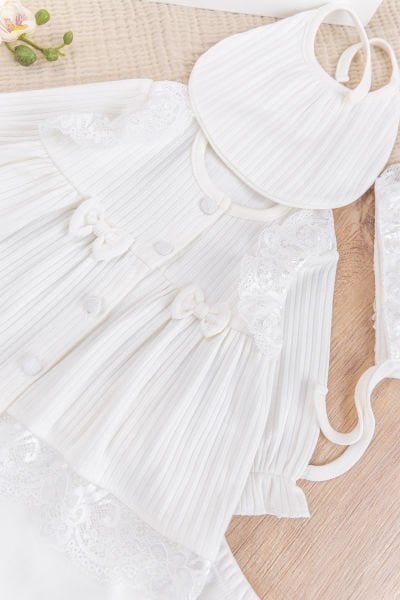 Güpürlü Fiyonklu %100 Pamuklu Kız Bebek Hastane çıkışı Bebek Takım Krem