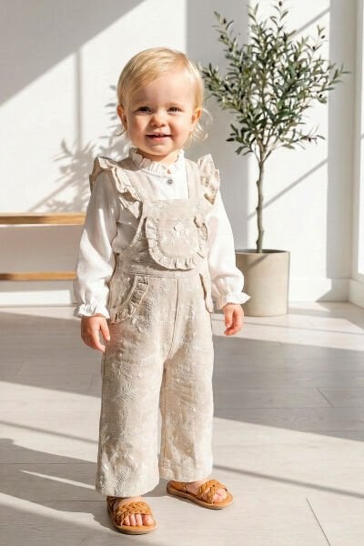 Kabartma Desenli Keten Kız Çocuk Salopet Tulum Bej