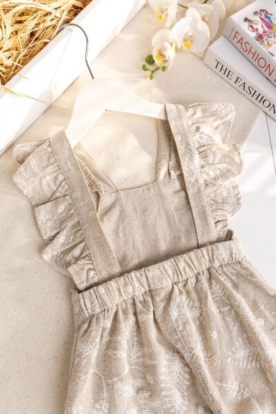 Kabartma Desenli Keten Kız Çocuk Salopet Tulum Bej