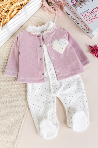 Hırkalı Bebe Yaka 2'li Kadife Kışlık Kız Bebek Tulum Set Gül kurusu -  6-9 AY
