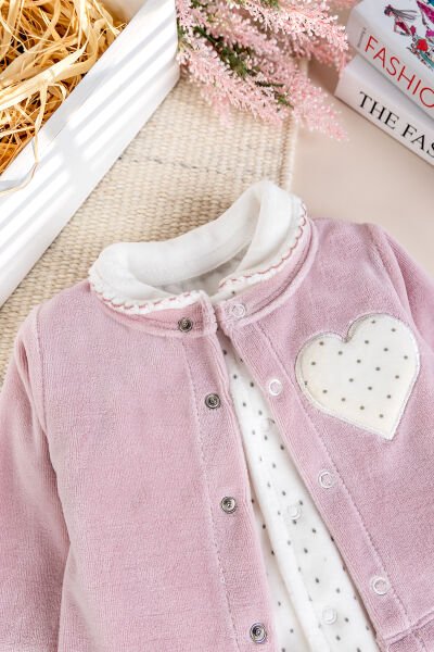 Hırkalı Bebe Yaka 2'li Kadife Kışlık Kız Bebek Tulum Set Gül kurusu -  6-9 AY
