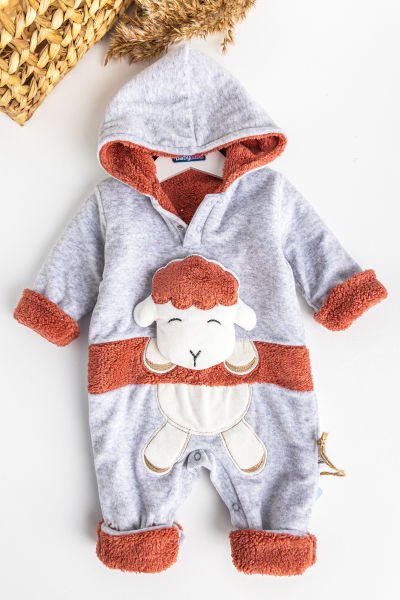 Kuzu Figürlü İçi Peluş Kışlık Kadife Bebek Tulum