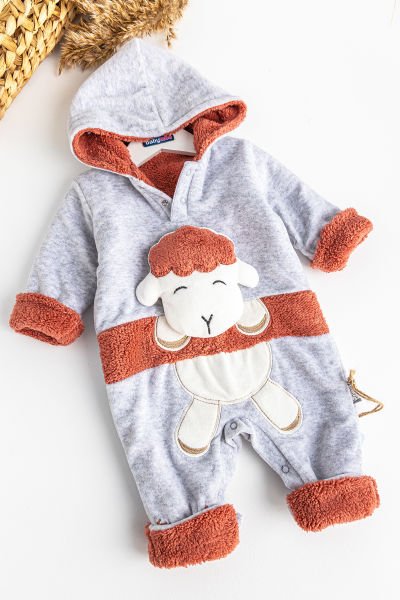 Kuzu Figürlü İçi Peluş Kışlık Kadife Bebek Tulum