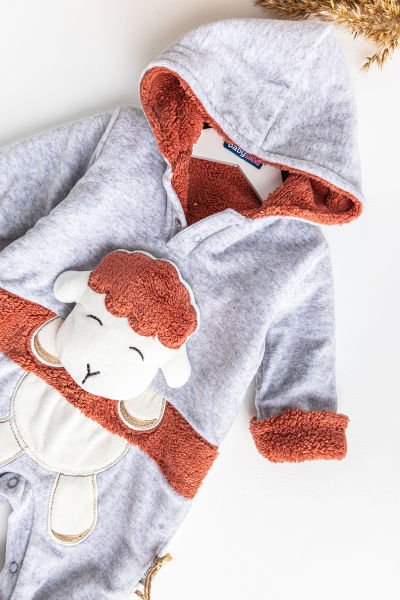 Kuzu Figürlü İçi Peluş Kışlık Kadife Bebek Tulum