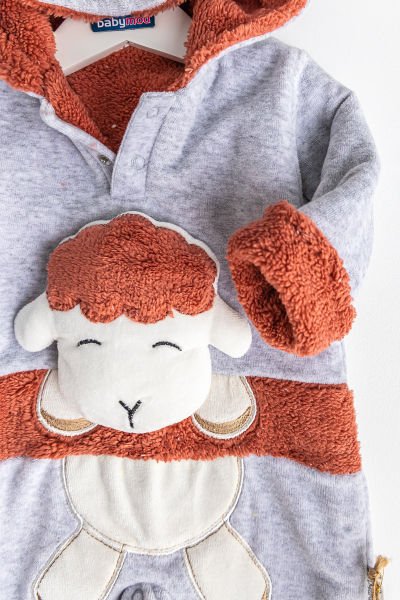 Kuzu Figürlü İçi Peluş Kışlık Kadife Bebek Tulum