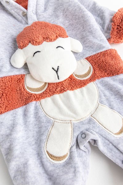 Kuzu Figürlü İçi Peluş Kışlık Kadife Bebek Tulum