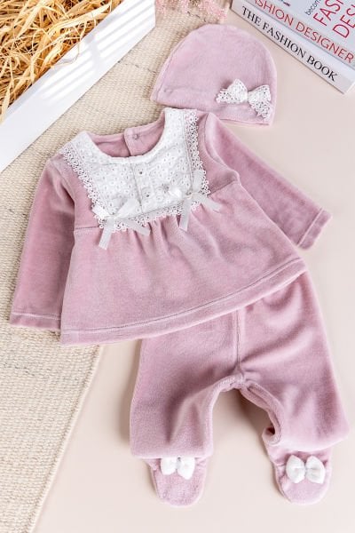 Fistolu Kışlık Kadife Kız Bebek Takım Set