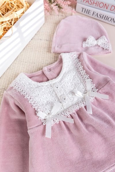 Fistolu Kışlık Kadife Kız Bebek Takım Set