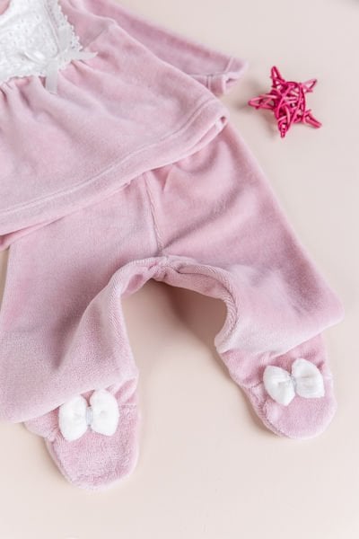 Fistolu Kışlık Kadife Kız Bebek Takım Set