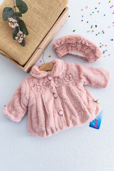 Çiçek Nakışlı Şapkalı Kız Bebek Peluş Mont