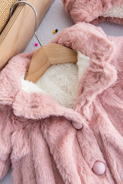 Çiçek Nakışlı Şapkalı Kız Bebek Peluş Mont