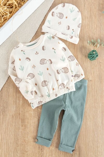 Figürlü 3'lü Şapkalı Unisex Bebek Takımı