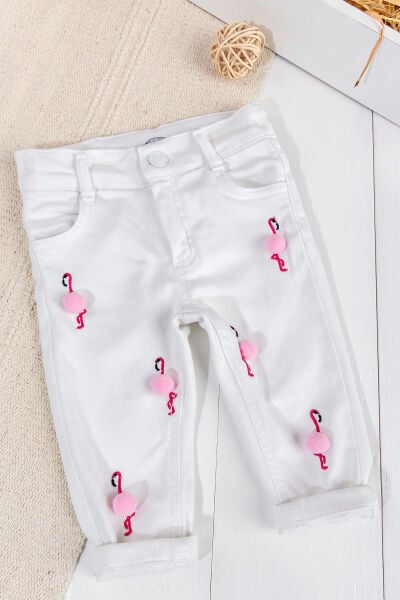 Flamingo Ponponlu Kız Bebek Denim Pantolon Beyaz