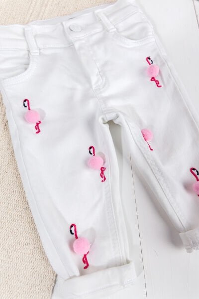 Flamingo Ponponlu Kız Bebek Denim Pantolon Beyaz