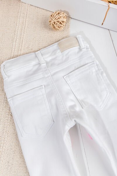 Flamingo Ponponlu Kız Bebek Denim Pantolon Beyaz