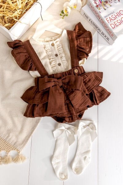 Müslin 100% Pamuk 3'li Kız Gömlekli Bebek Salopet Elbise