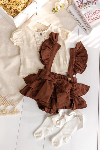 Müslin 100% Pamuk 3'li Kız Gömlekli Bebek Salopet Elbise