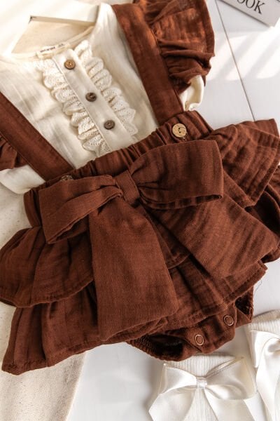 Müslin 100% Pamuk 3'li Kız Gömlekli Bebek Salopet Elbise