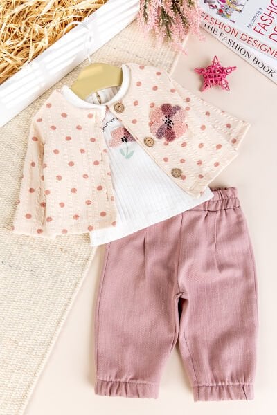 Puantiyeli 3'lü Çiçek İşlemeli Pamuklu Kız Bebek Takımı Set