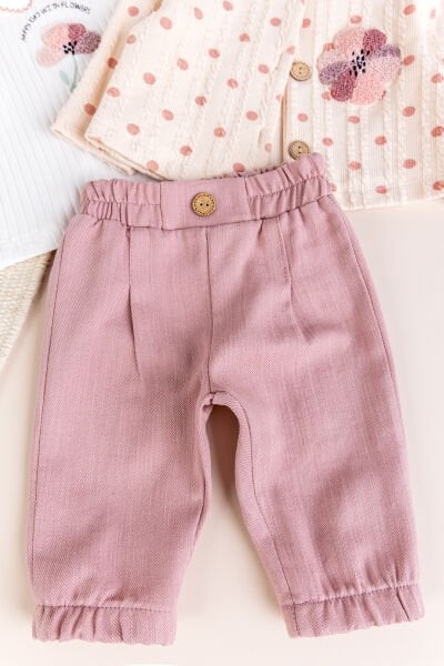 Puantiyeli 3'lü Çiçek İşlemeli Pamuklu Kız Bebek Takımı Set