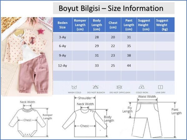Puantiyeli 3'lü Çiçek İşlemeli Pamuklu Kız Bebek Takımı Set