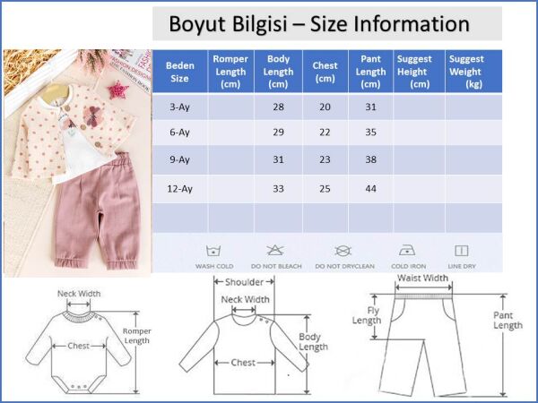 Puantiyeli 3'lü Çiçek İşlemeli Pamuklu Kız Bebek Takımı Set