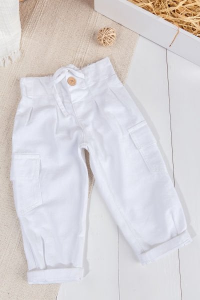 Pileli Kargo Cepli Pamuklu  Kız Çocuk Pantolon Beyaz