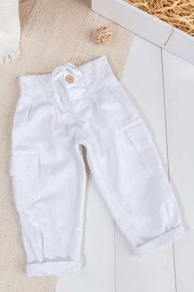 Pileli Kargo Cepli Pamuklu  Kız Çocuk Pantolon Beyaz