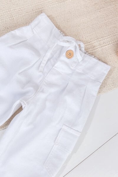 Pileli Kargo Cepli Pamuklu  Kız Çocuk Pantolon Beyaz