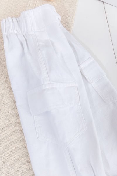 Pileli Kargo Cepli Pamuklu  Kız Çocuk Pantolon Beyaz